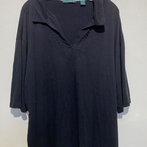 Cubavera Women's Oversized Elbow Sleeve Notch Neckline Collared Blue Top 3XLT